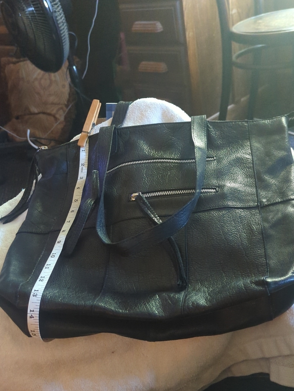 Black Leather Zip Pocket Tote. Large Enough For Laptop